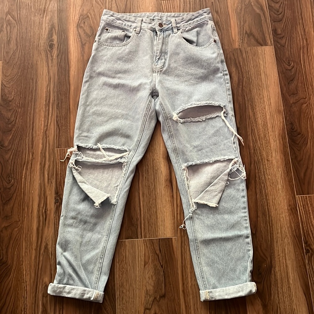 High-Rise Ripped Blue Jeans